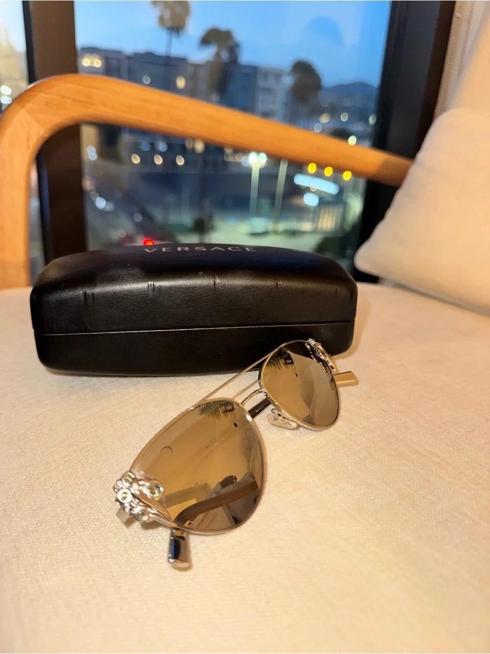 Versace Mirrored Cat Eye Sunglasses Crystal Studded Aviator Silver Frame